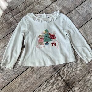Baby Boden Chirstmas Mouse Appliqué Ruffle Collar Long Sleeves Shirt (9-12M)